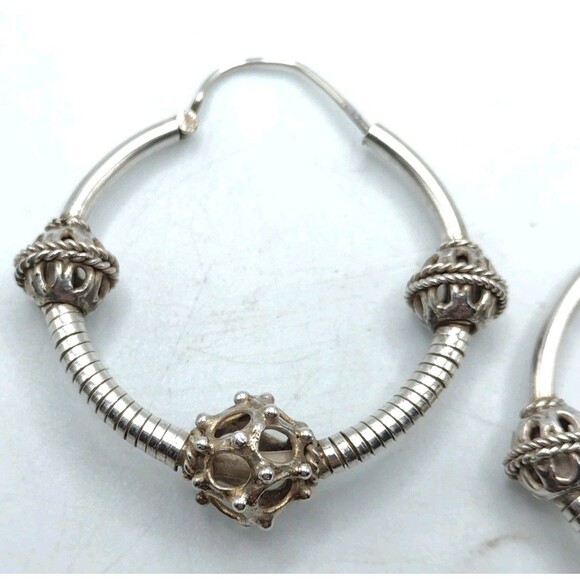 Antique Eastern European Slavic Sterling Silver Tribal Folk Hoop Earrings 15.6g - Picture 6 of 8